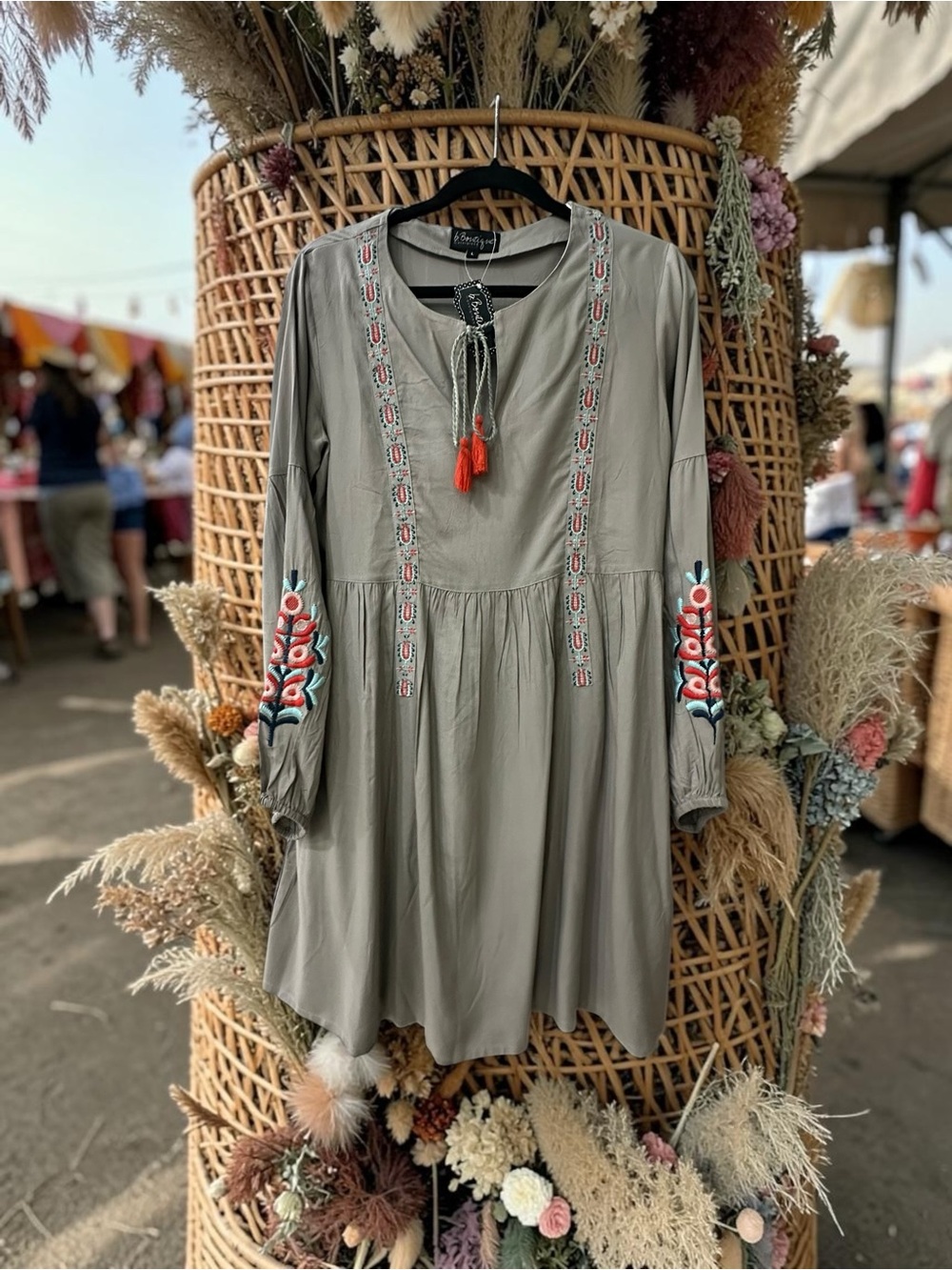 B. Boutique Boho Embroidered Mini Dress . Gray. Size: Large